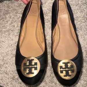 Tory Burch Black Leather Logo Medallion Flats
